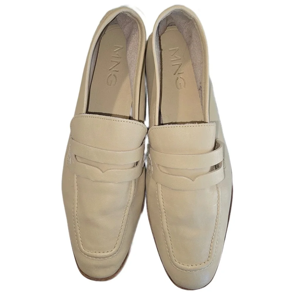 Mango MNG‎ Womens Cream Beige Leather Penny Loafers Square Toe 87064046 Size 38